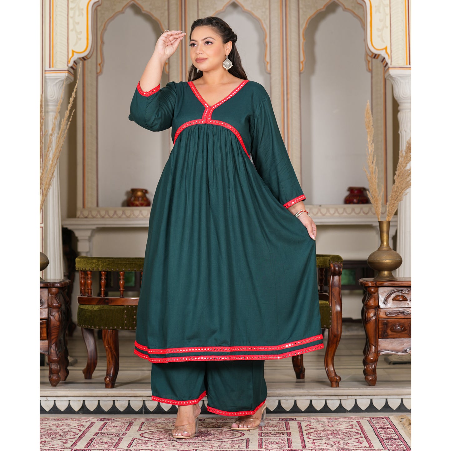 Teal Rayon Gathered Kurta Set With Mirror Detailing