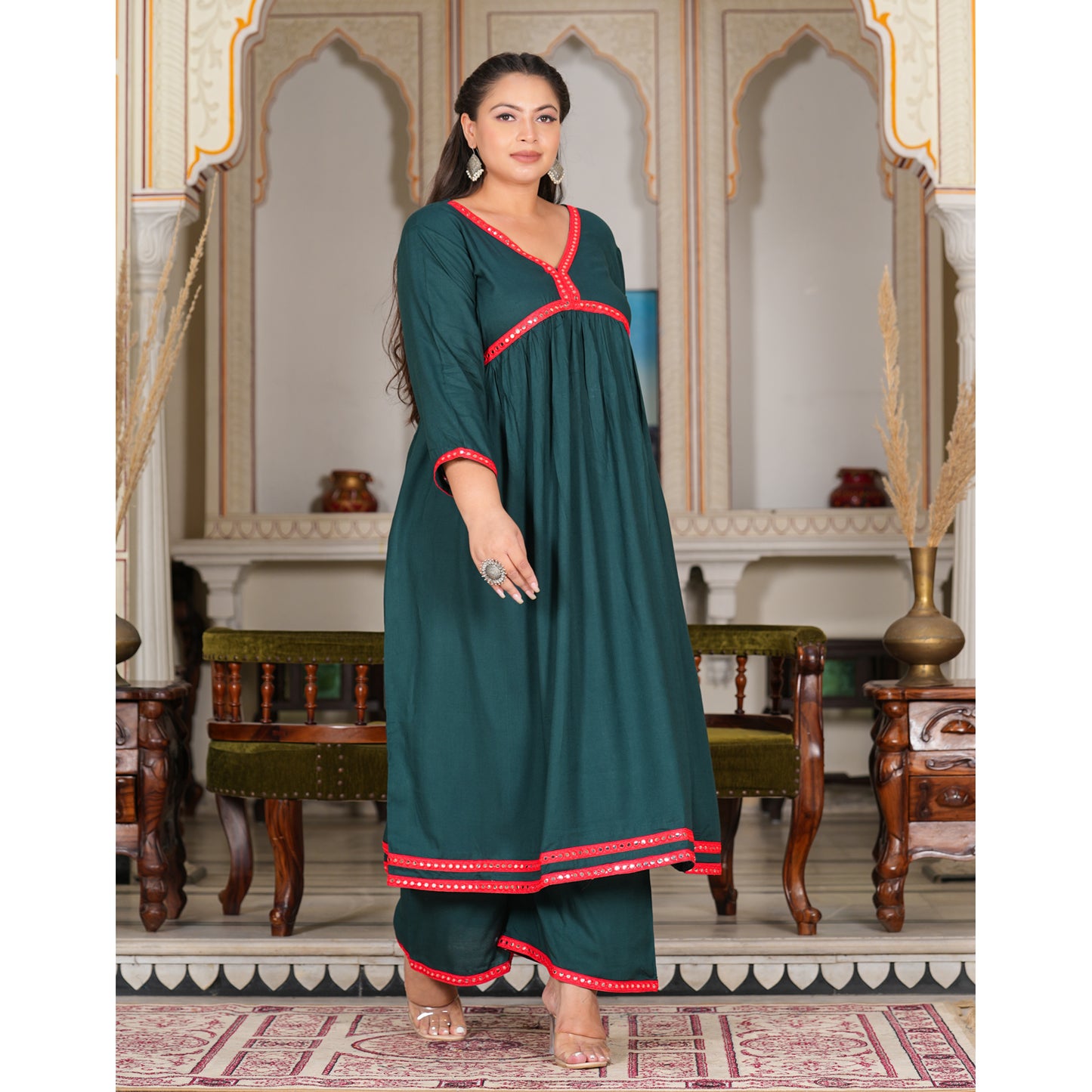 Teal Rayon Gathered Kurta Set With Mirror Detailing