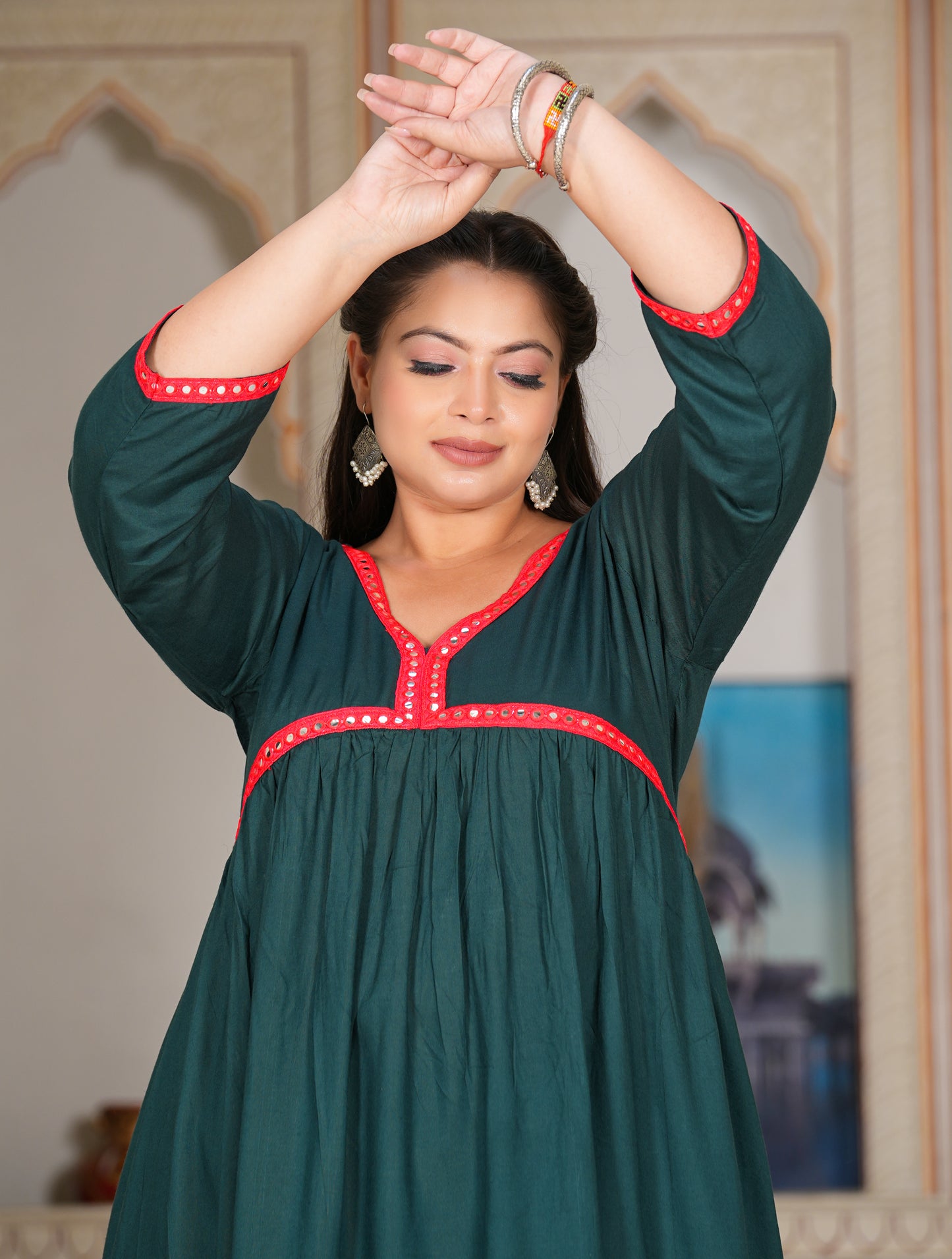 Teal Rayon Gathered Kurta Set With Mirror Detailing