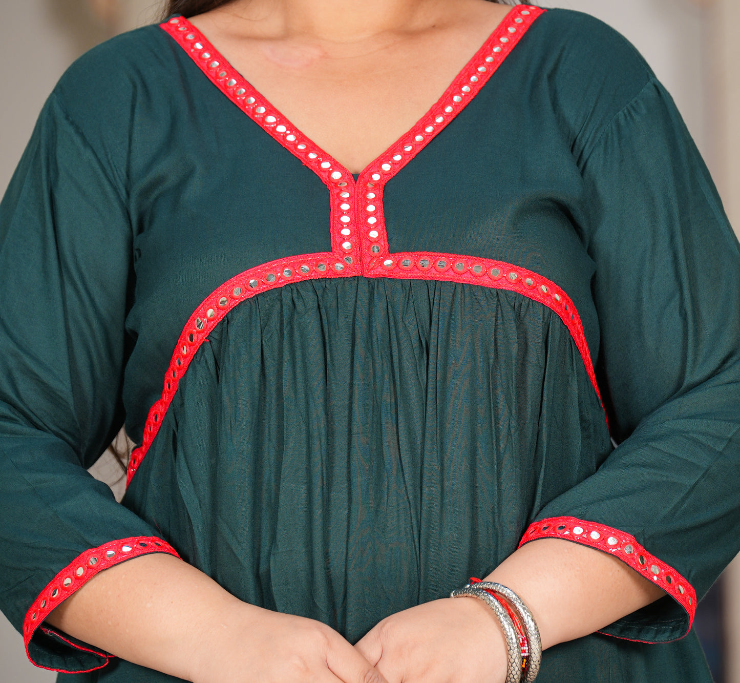 Teal Rayon Gathered Kurta Set With Mirror Detailing