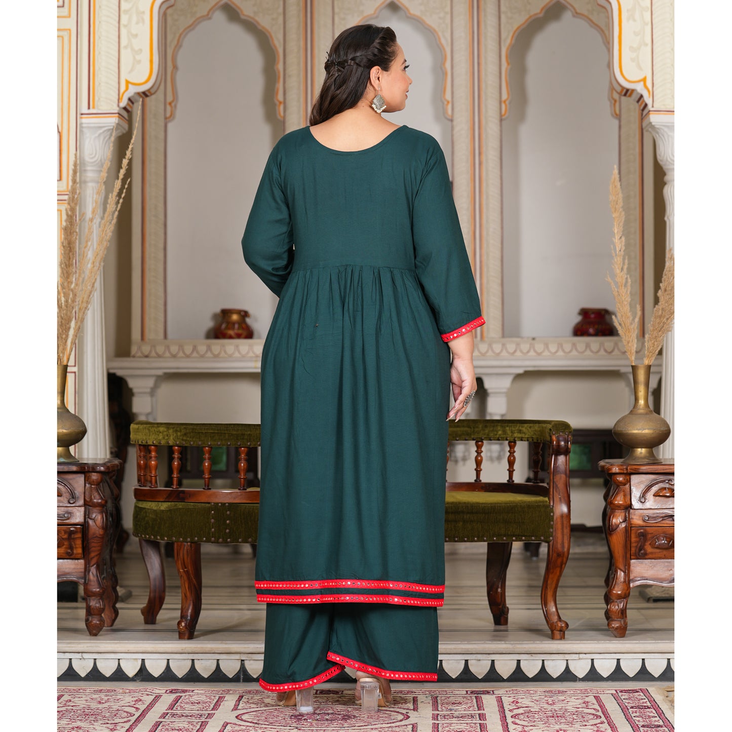 Teal Rayon Gathered Kurta Set With Mirror Detailing