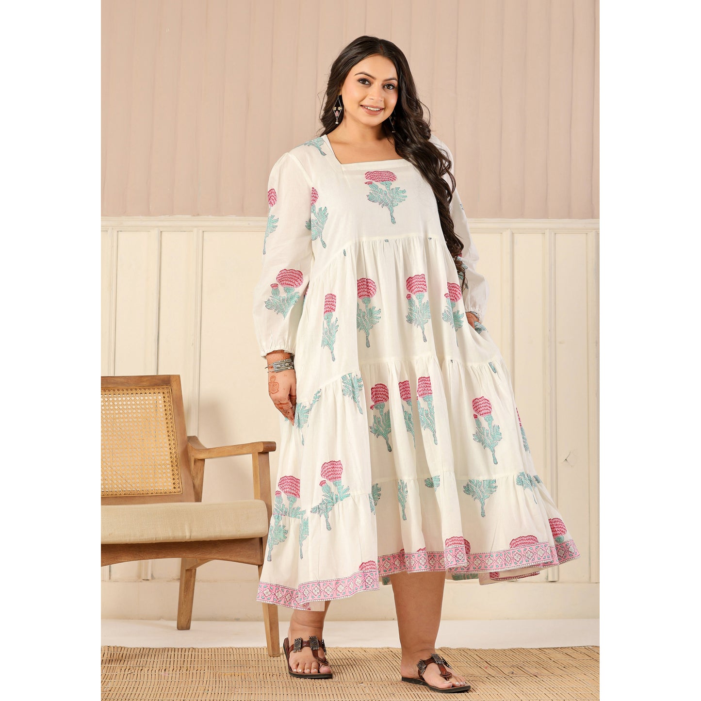 White & Pink Cotton Dress with Flare