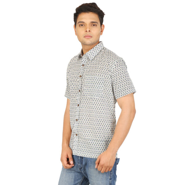 Men’s Jaipuri Hand Block Print White Casual Cotton Shirt (BSHS0221)