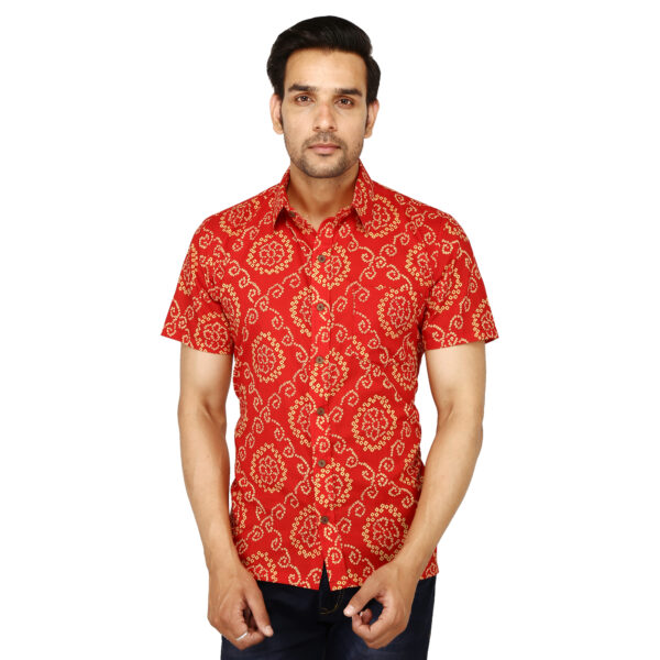 Men’s Jaipuri Rajasthani Bandhej Print Red Casual Cotton Regular Fit Shirt (BSHS0263)