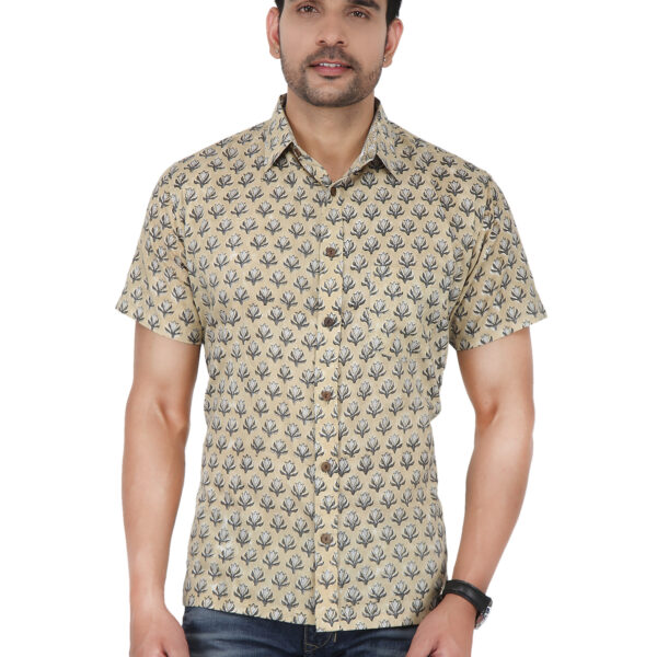 Men’s Hand Block Jaipuri Flower Print Creme Casual Cotton Regular Fit Half Sleeve Shirt (BSHS0292)