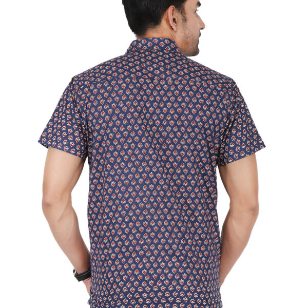 Men’s Hand Block Jaipur Rajasthani Boota Print Blue Casual Cotton Regular Fit Half Sleeve Shirt (BSHS0289)