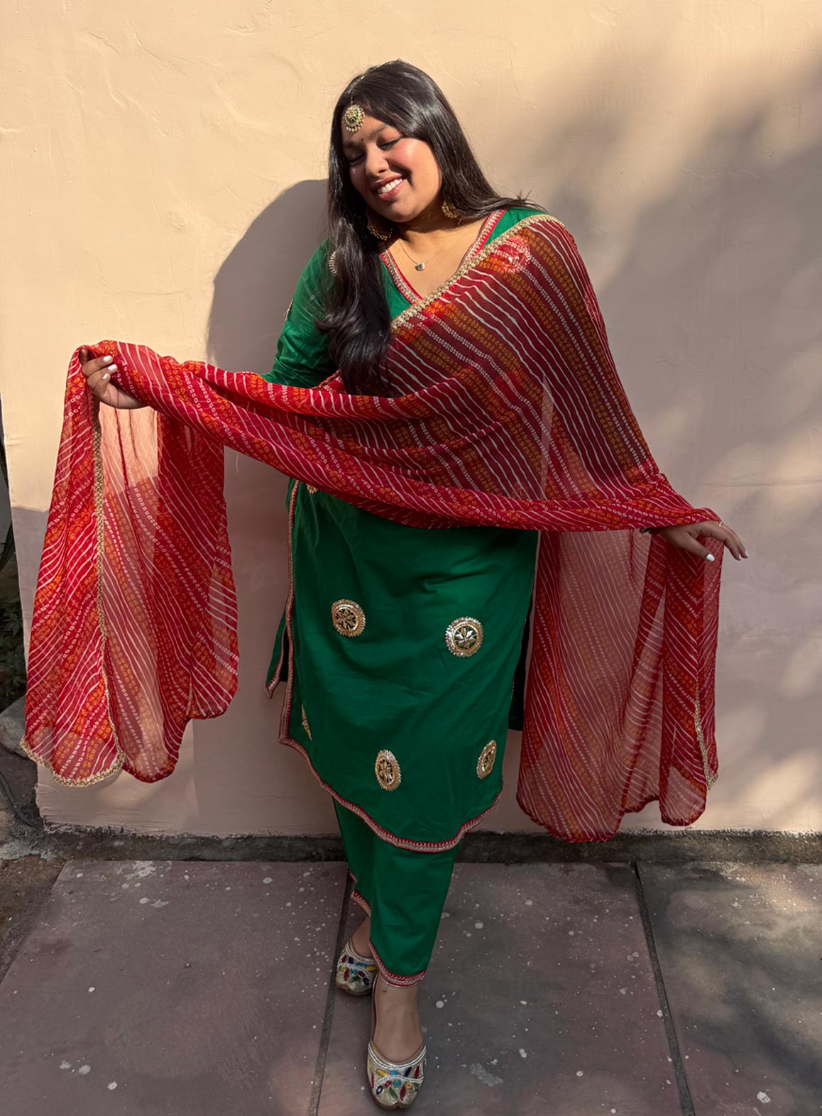 Green Cotton Kurta Set With Chifon Duppatta