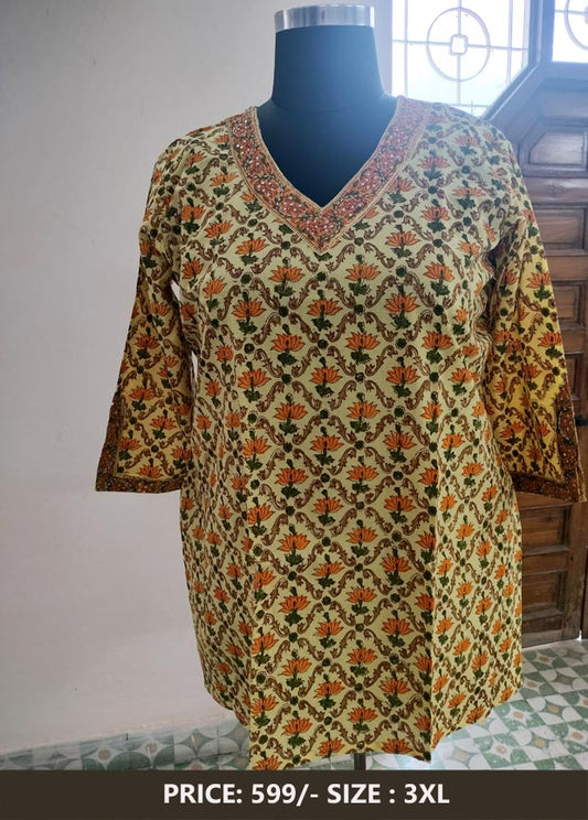 Yellow Cotton Kurti with Handblock Print