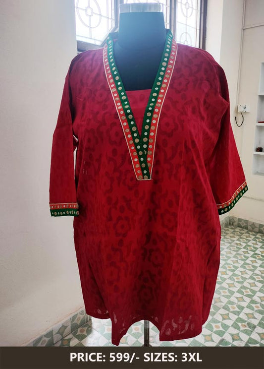 Red Cotton Kurti With Pittan Work on Neck