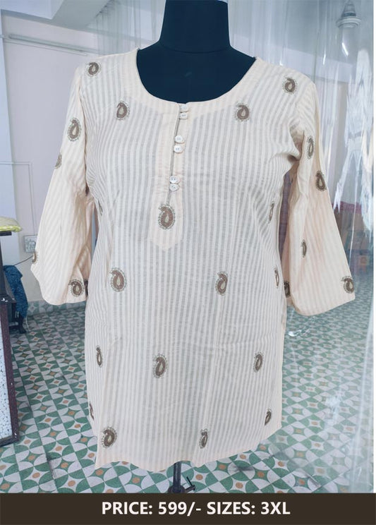 Beige Cotton Kurti With Pittan Work