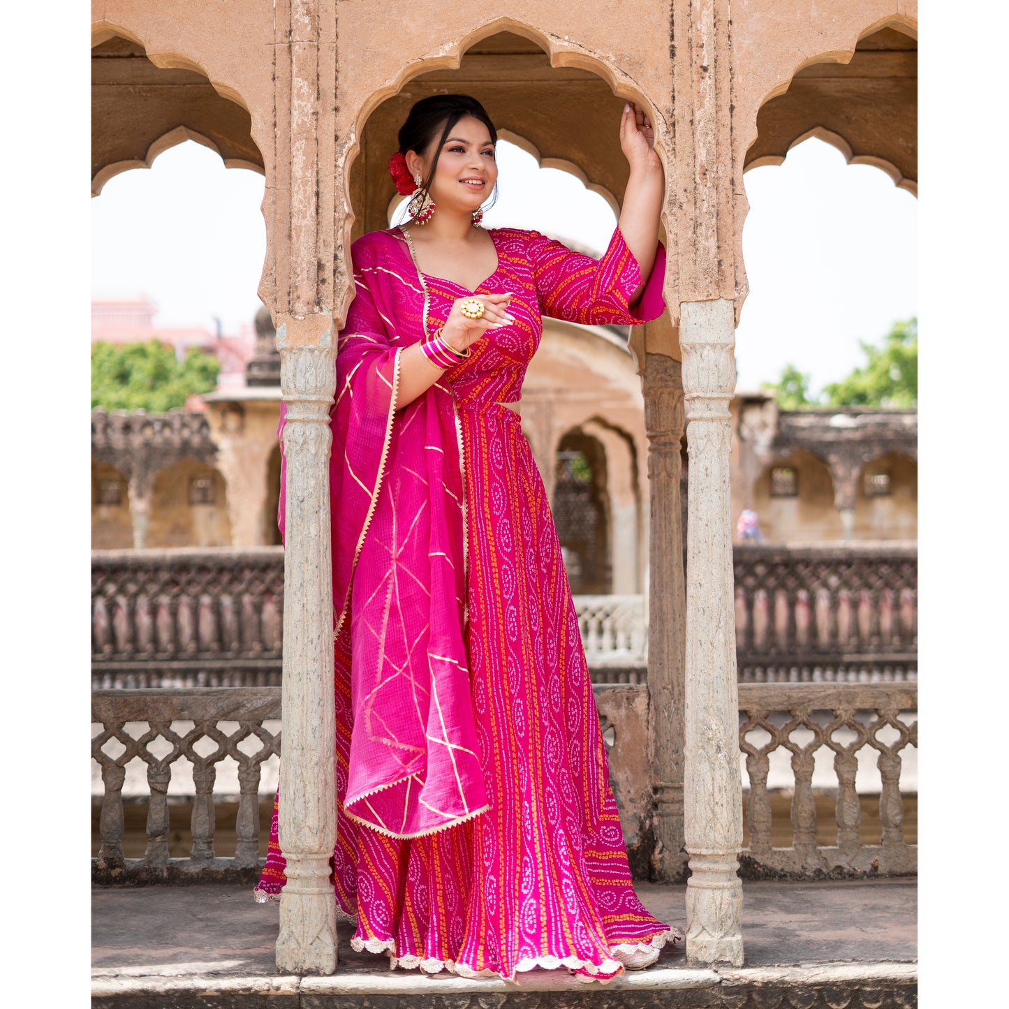 Pink Bhandhani Lehenga Set