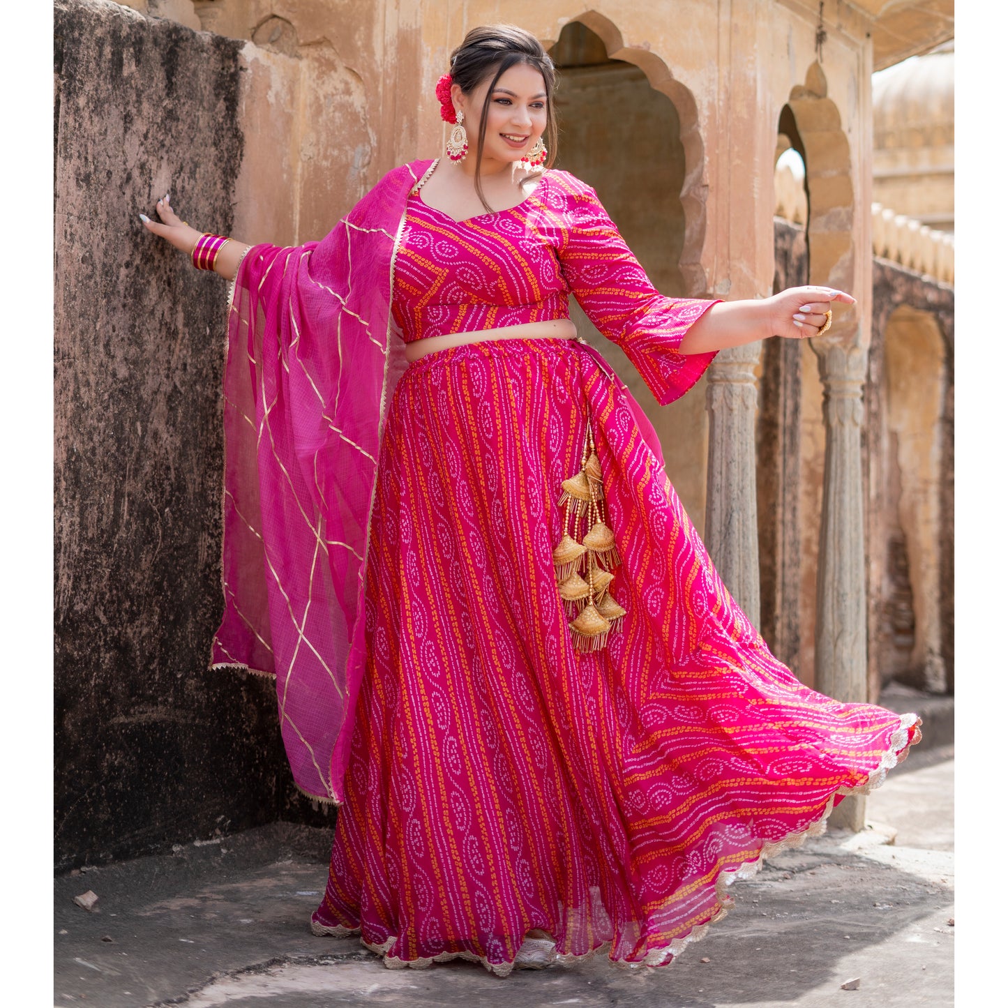 Pink Bhandhani Lehenga Set