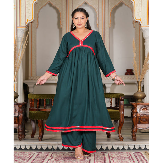 Teal Rayon Gathered Kurta Set With Mirror Detailing