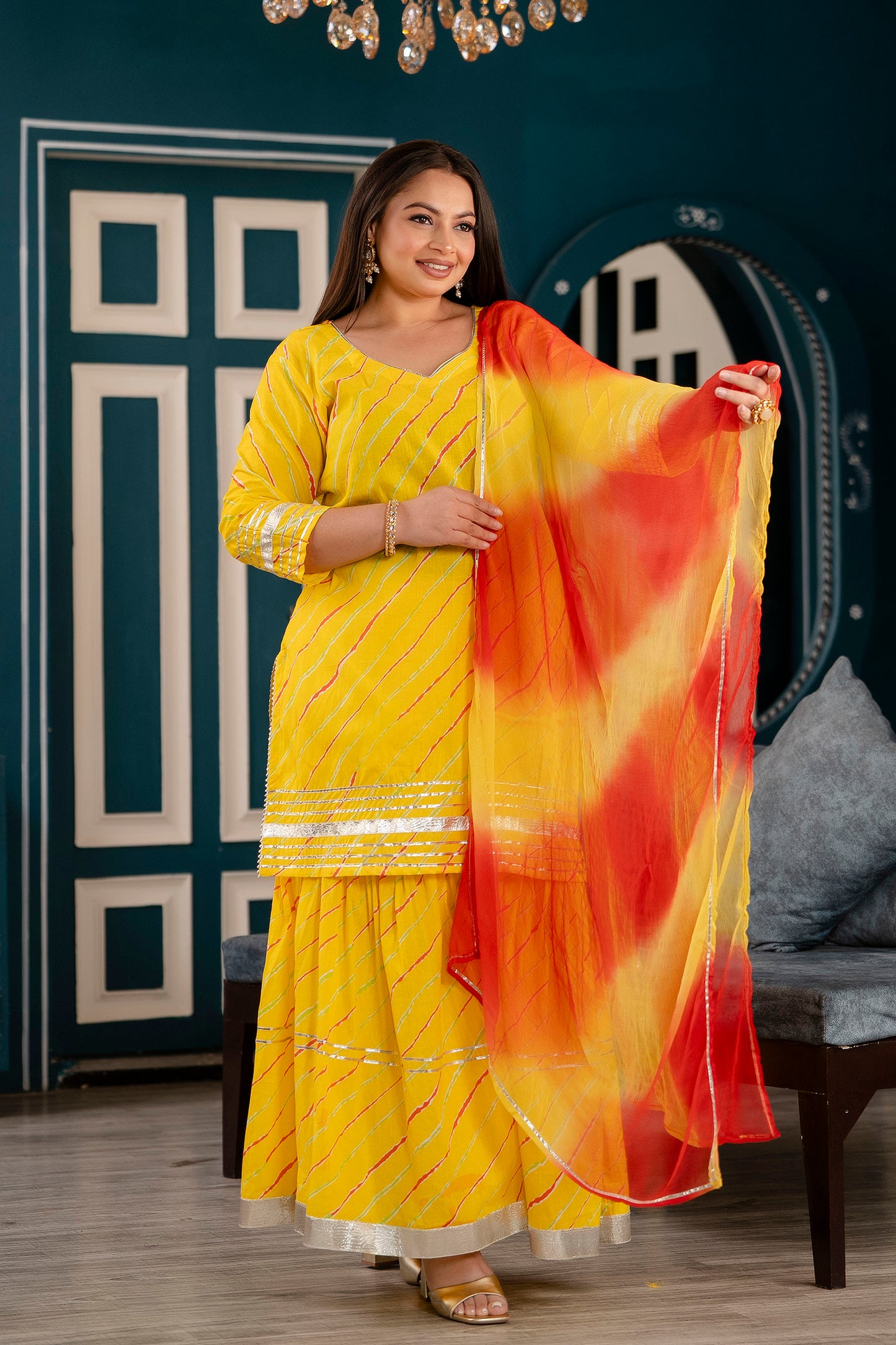 Yellow Short Kurti with Sharara and Dupatta Set