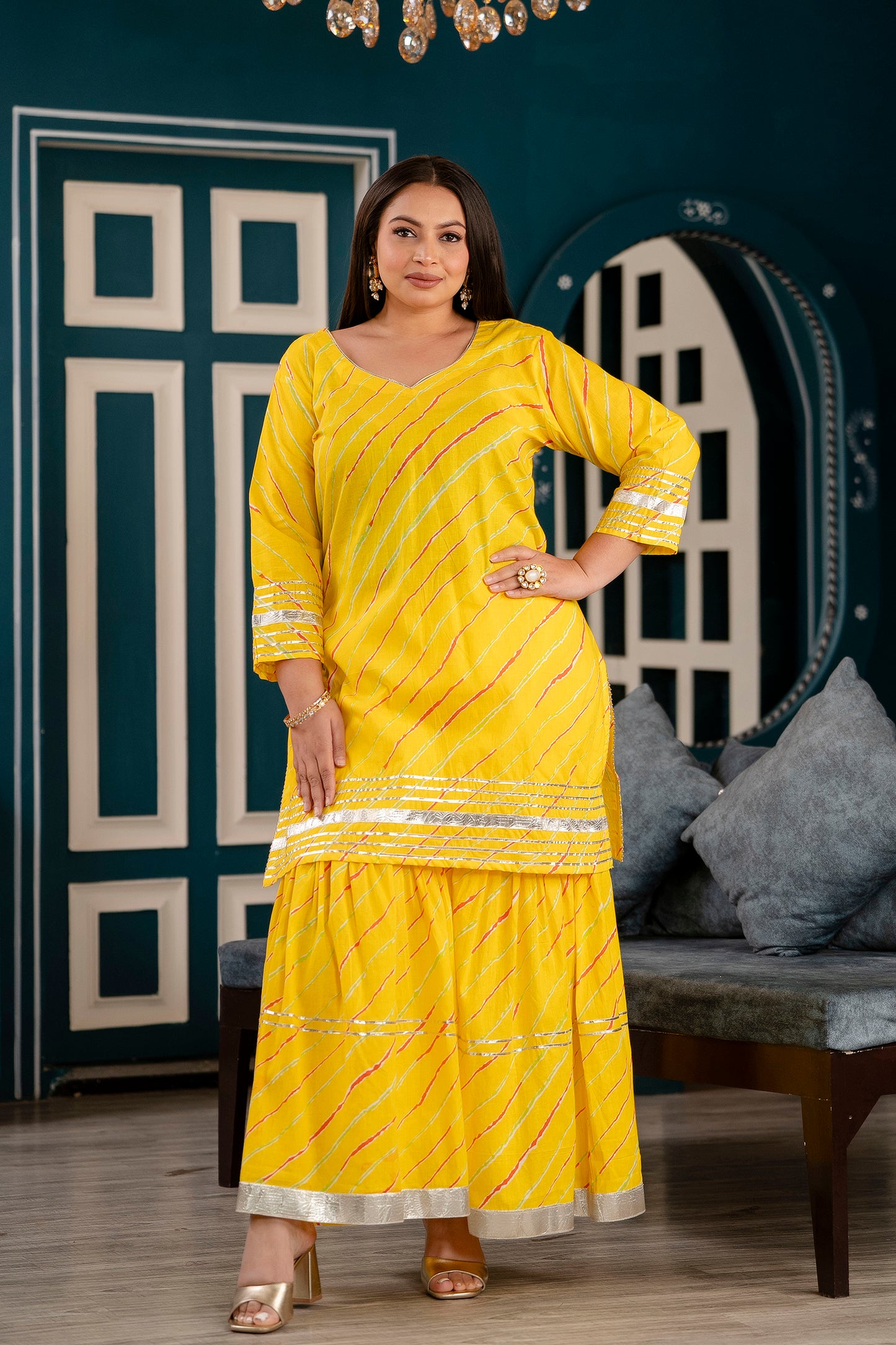 Yellow Short Kurti with Sharara and Dupatta Set