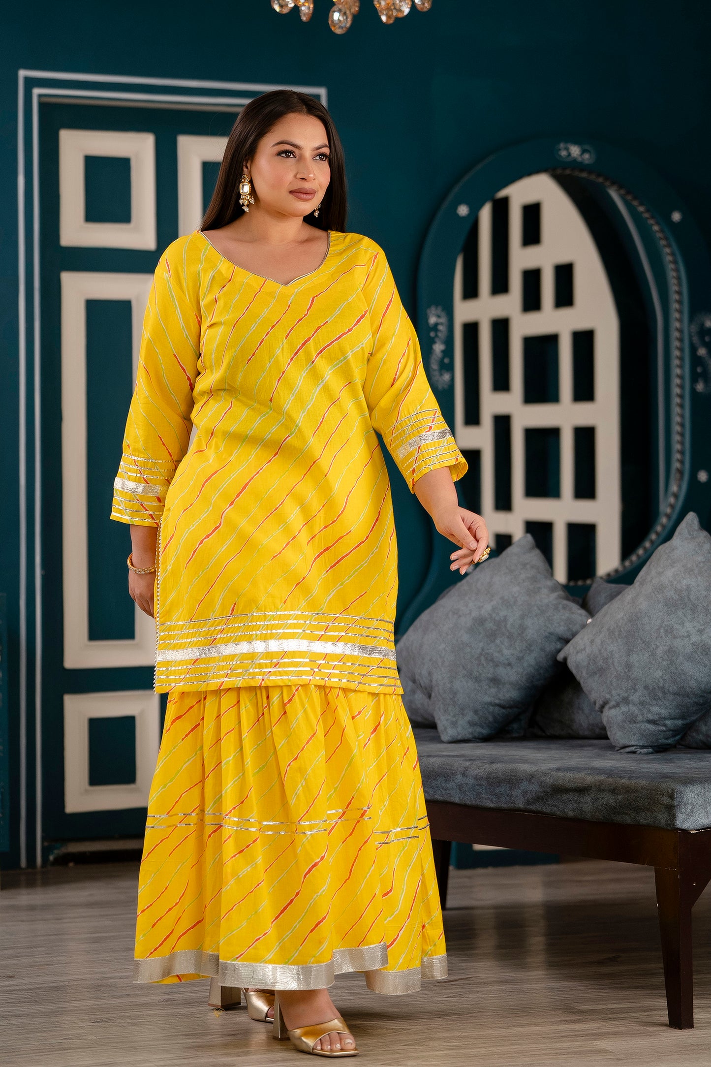 Yellow Short Kurti with Sharara and Dupatta Set