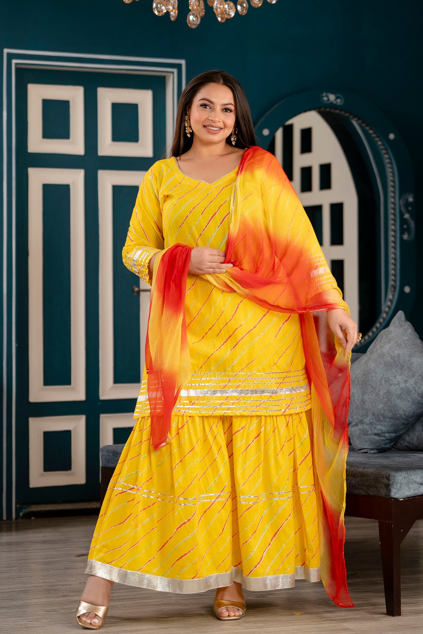 Yellow Short Kurti with Sharara and Dupatta Set