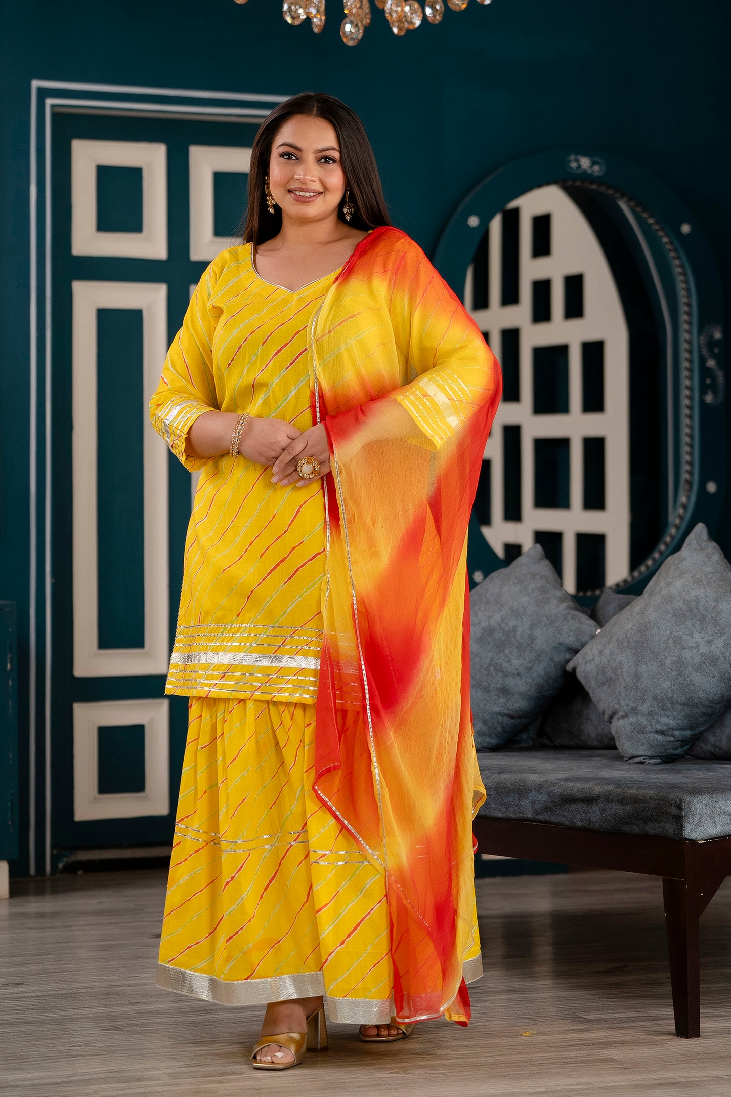 Yellow Short Kurti with Sharara and Dupatta Set