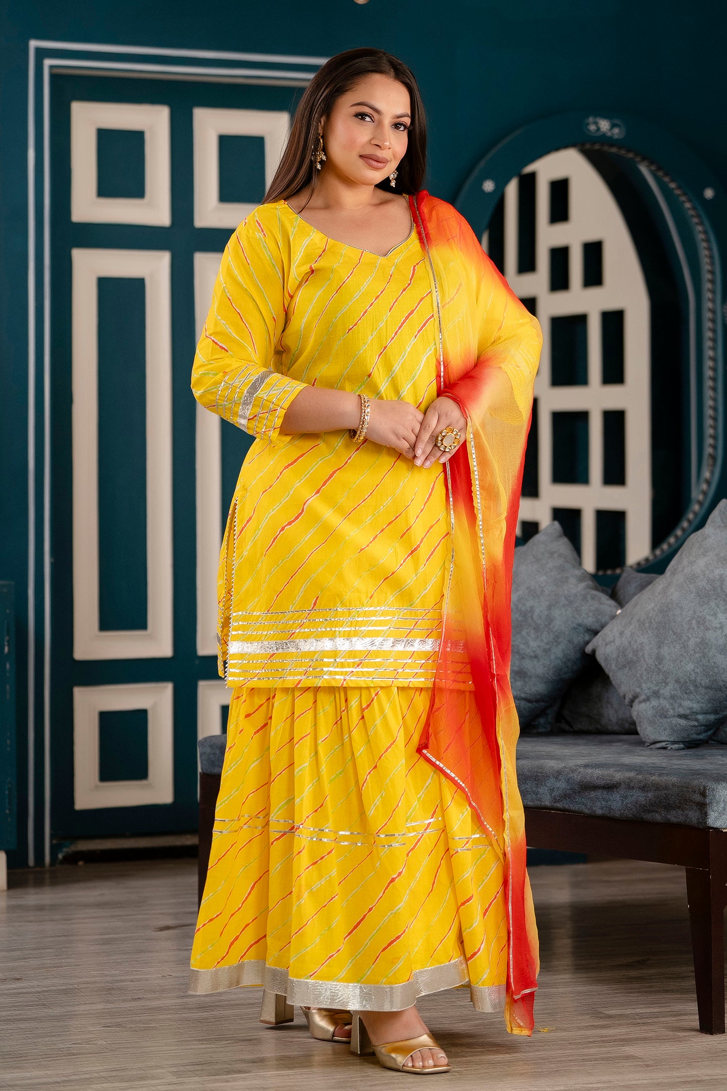 Yellow Short Kurti with Sharara and Dupatta Set