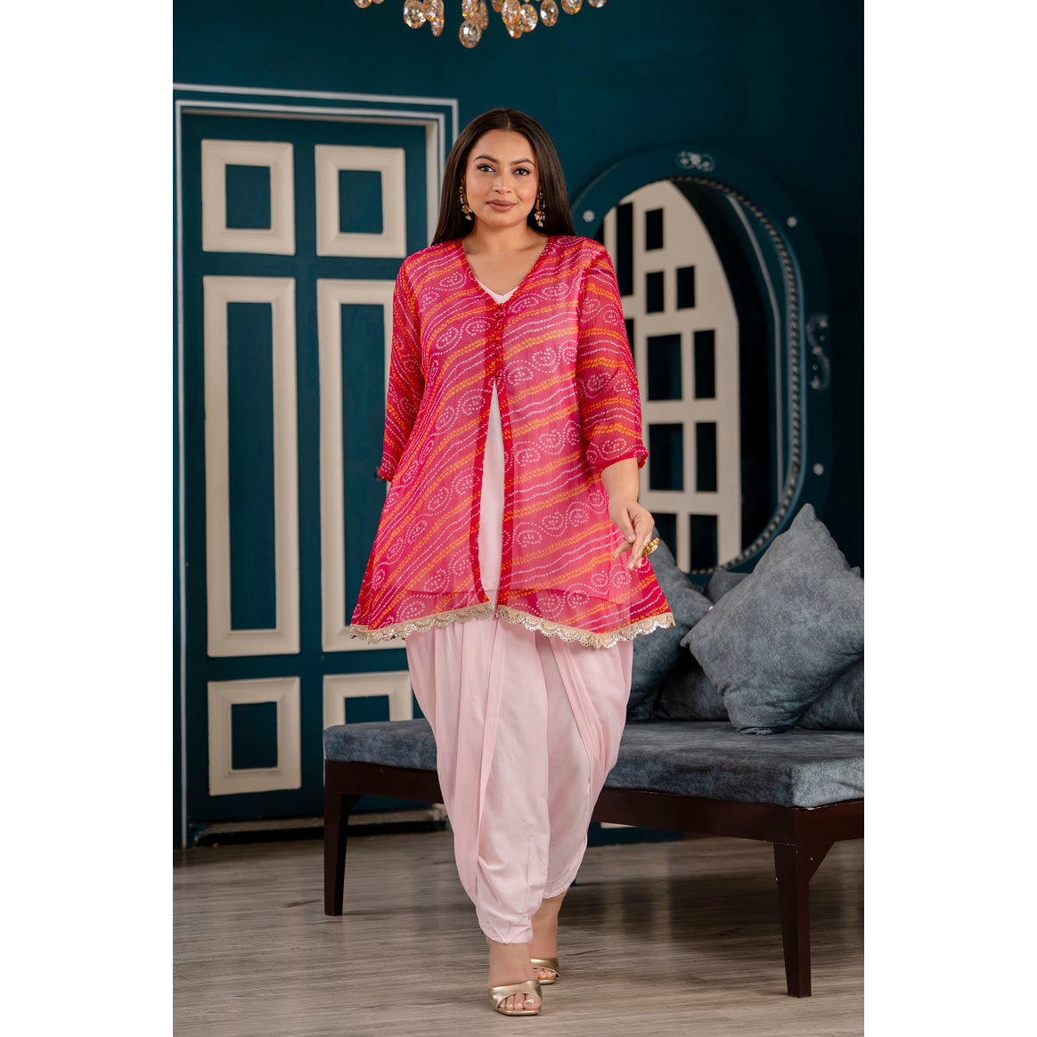 Pink Chiffon Jacket with Rayon Inner & Dhoti