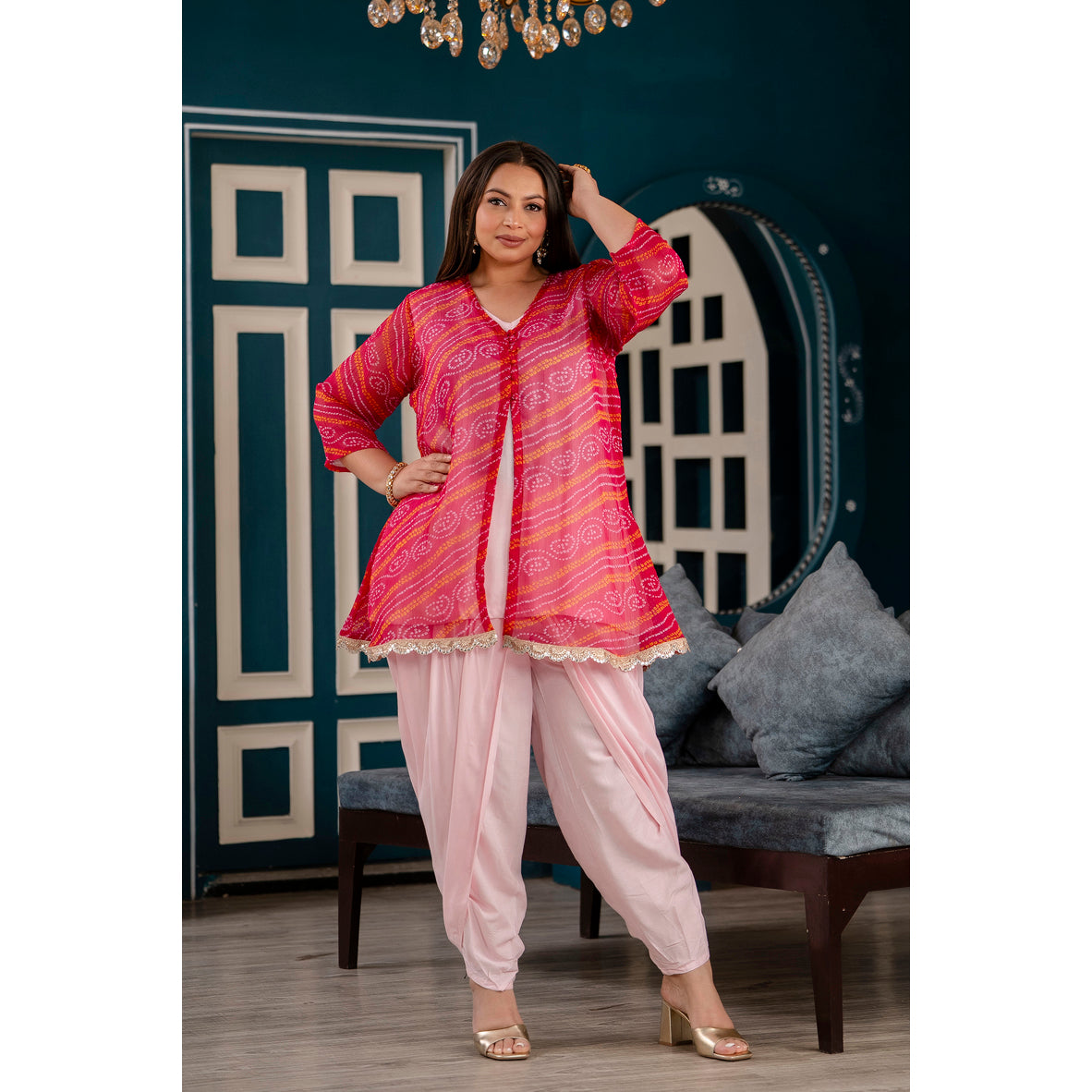 Pink Chiffon Jacket with Rayon Inner & Dhoti