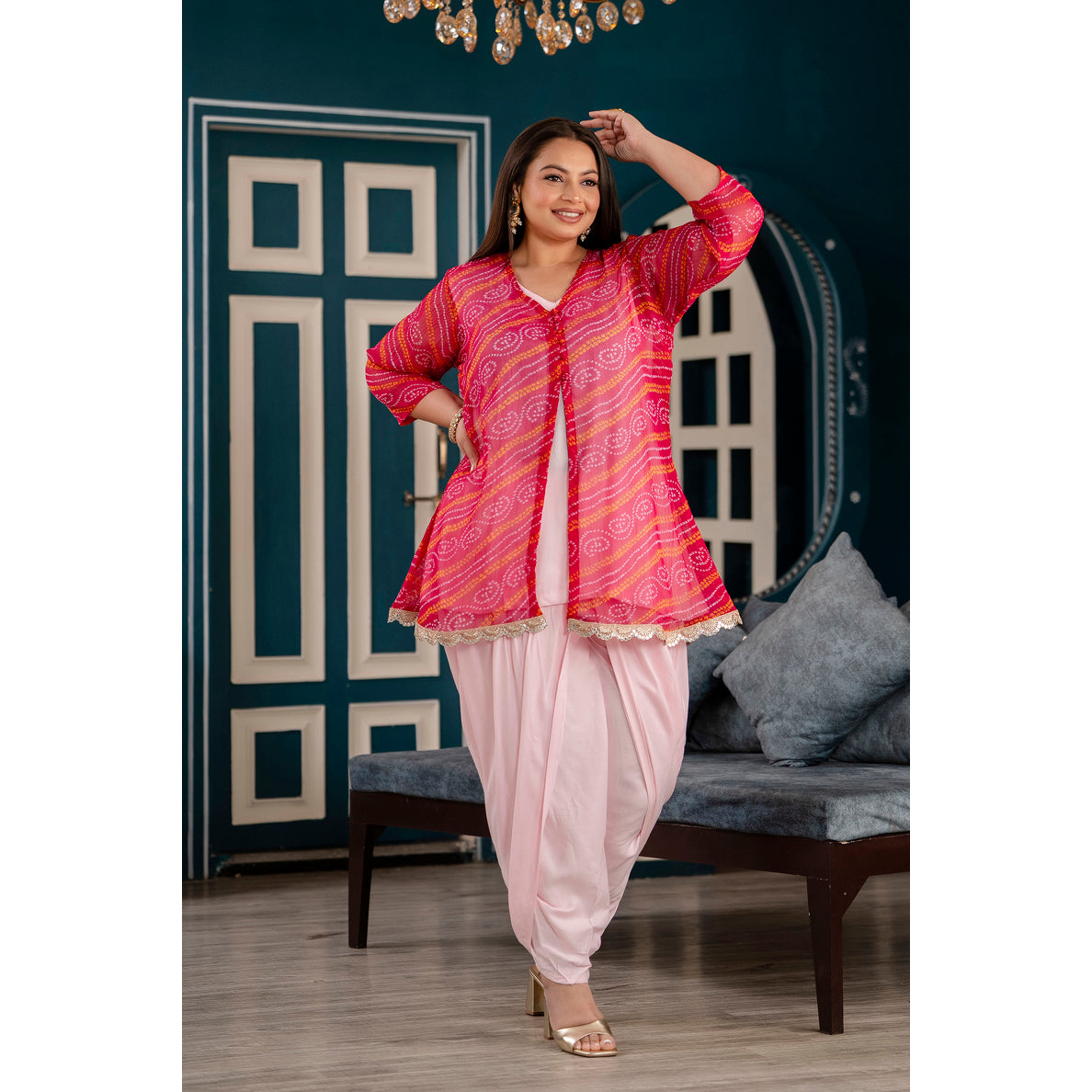 Pink Chiffon Jacket with Rayon Inner & Dhoti