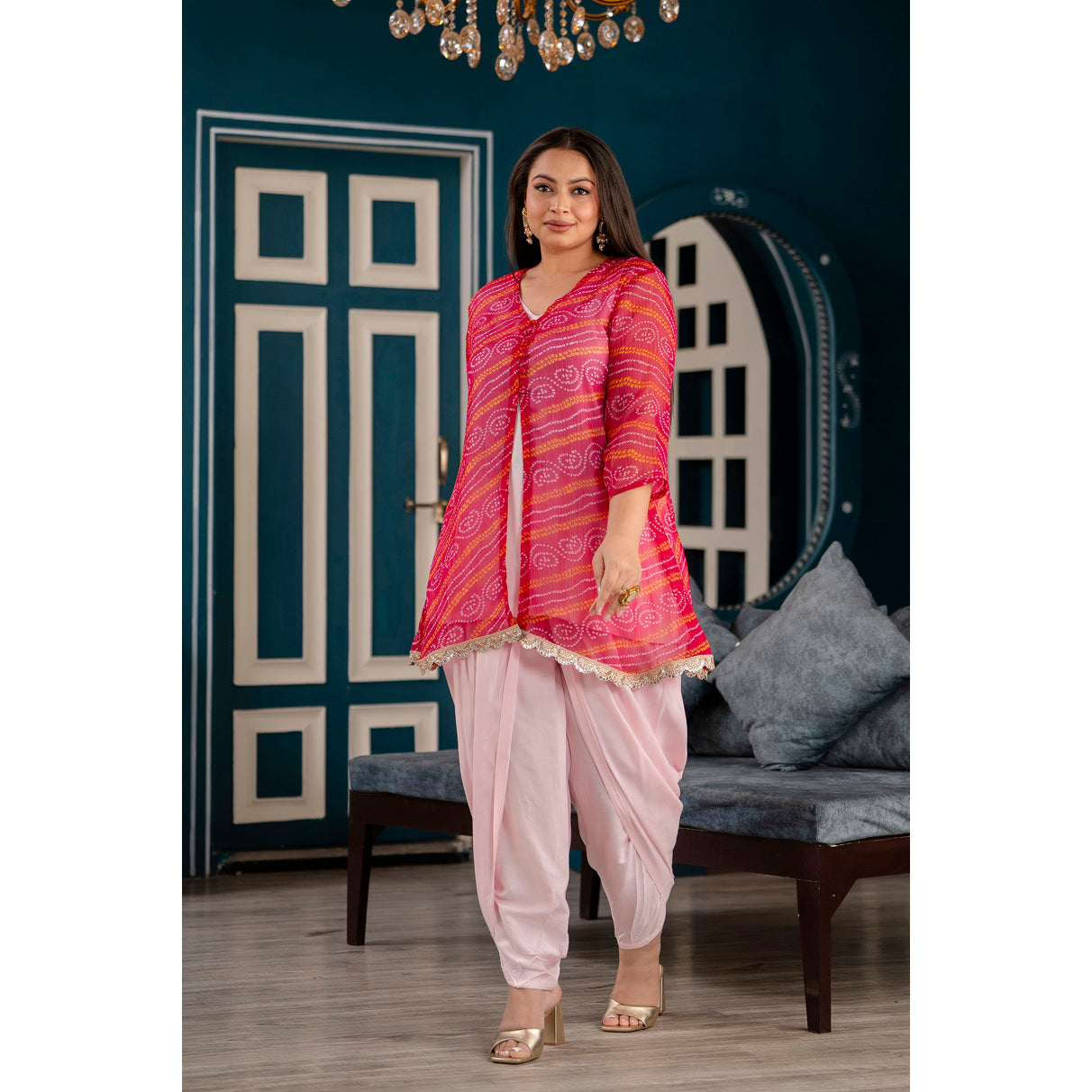 Pink Chiffon Jacket with Rayon Inner & Dhoti