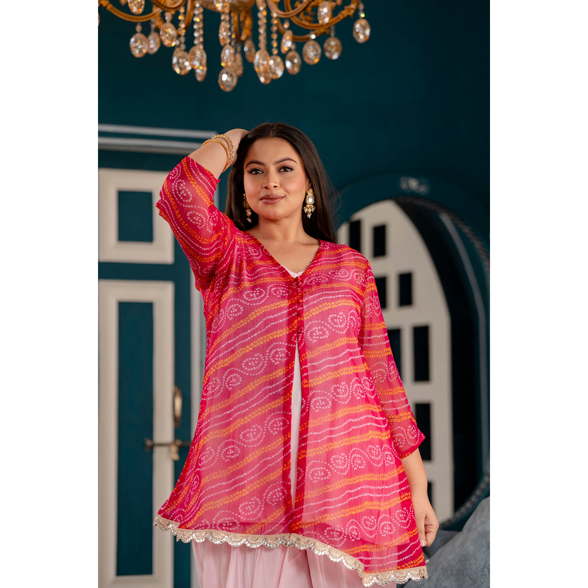 Pink Chiffon Jacket with Rayon Inner & Dhoti