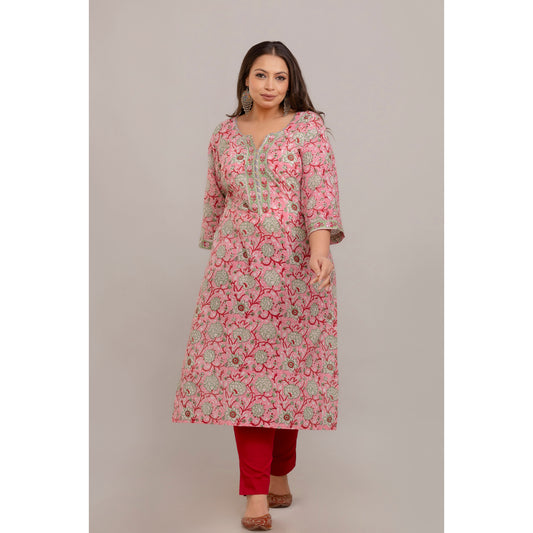 Pink Handblock Kurta with Pants