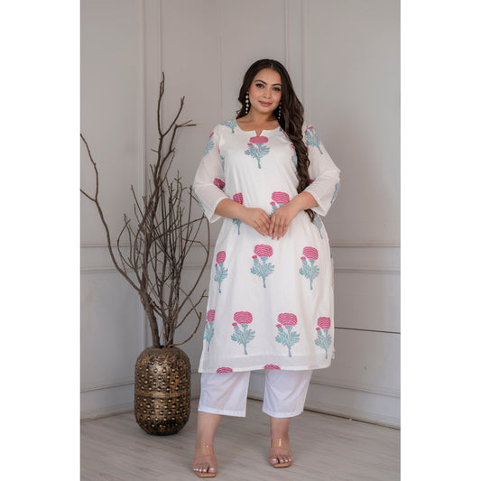 Mughal Print Kurta With Malmul Lining & White Culottes