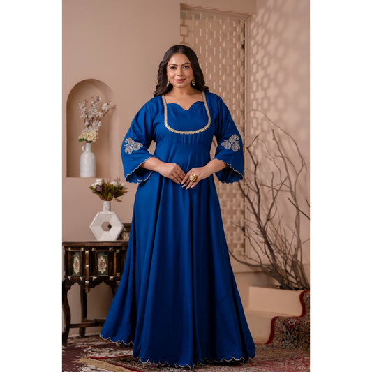 Blue Gown with Scallop Detailing and Intricate Zari Embroidery