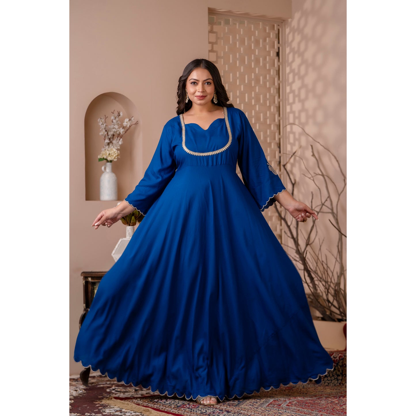 Blue Gown with Scallop Detailing and Intricate Zari Embroidery