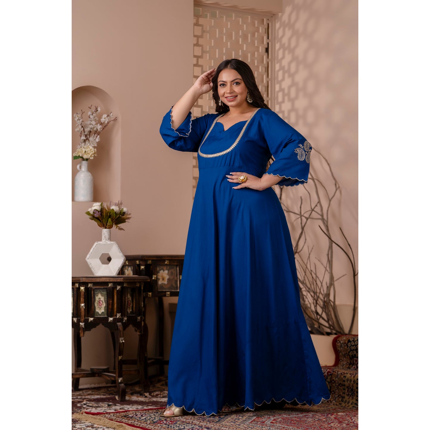 Blue Gown with Scallop Detailing and Intricate Zari Embroidery