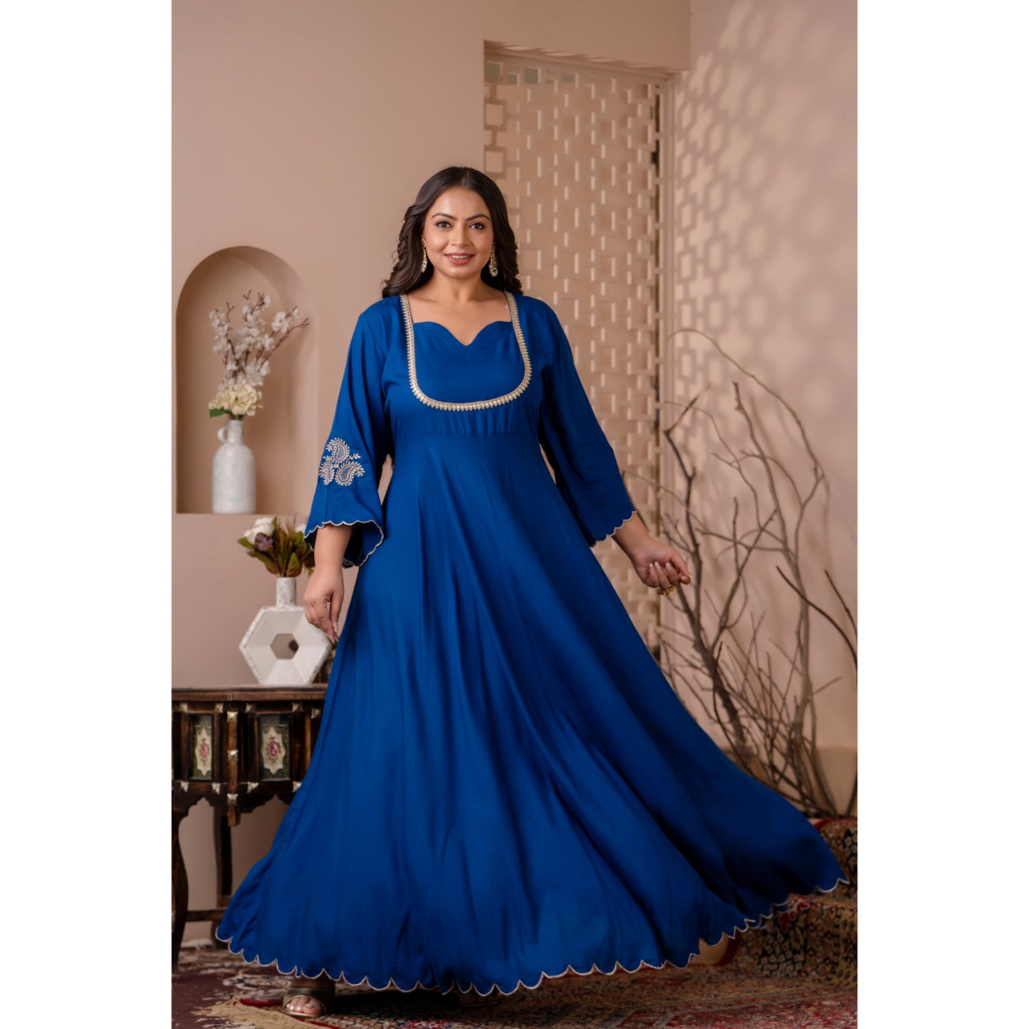 Blue Gown with Scallop Detailing and Intricate Zari Embroidery