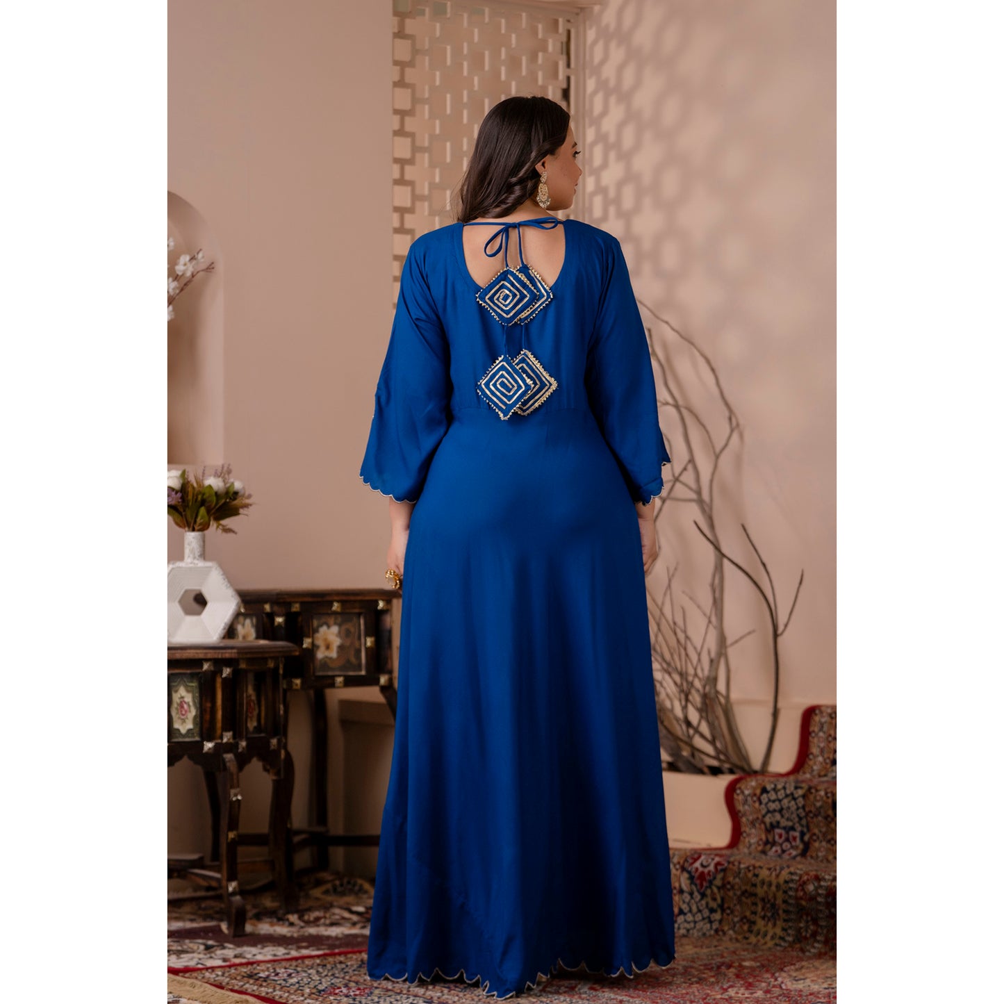 Blue Gown with Scallop Detailing and Intricate Zari Embroidery