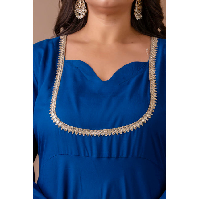 Blue Gown with Scallop Detailing and Intricate Zari Embroidery