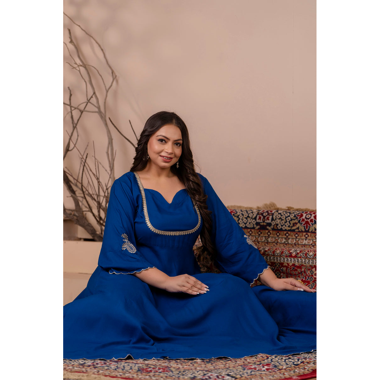 Blue Gown with Scallop Detailing and Intricate Zari Embroidery