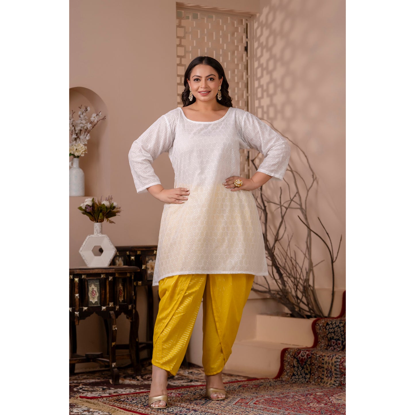 White Chikan Kurta Paired with Vibrant Yellow Lurex Dhoti