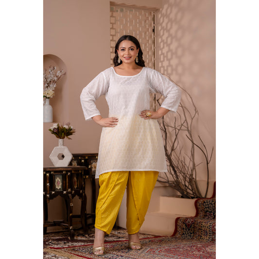 White Chikan Kurta Paired with Vibrant Yellow Lurex Dhoti