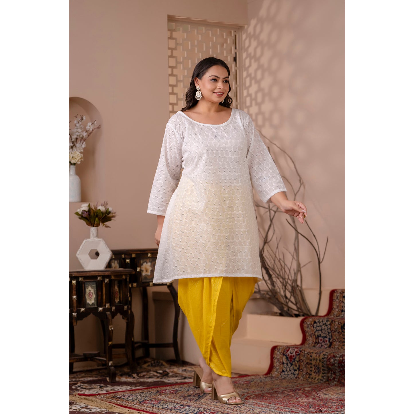 White Chikan Kurta Paired with Vibrant Yellow Lurex Dhoti