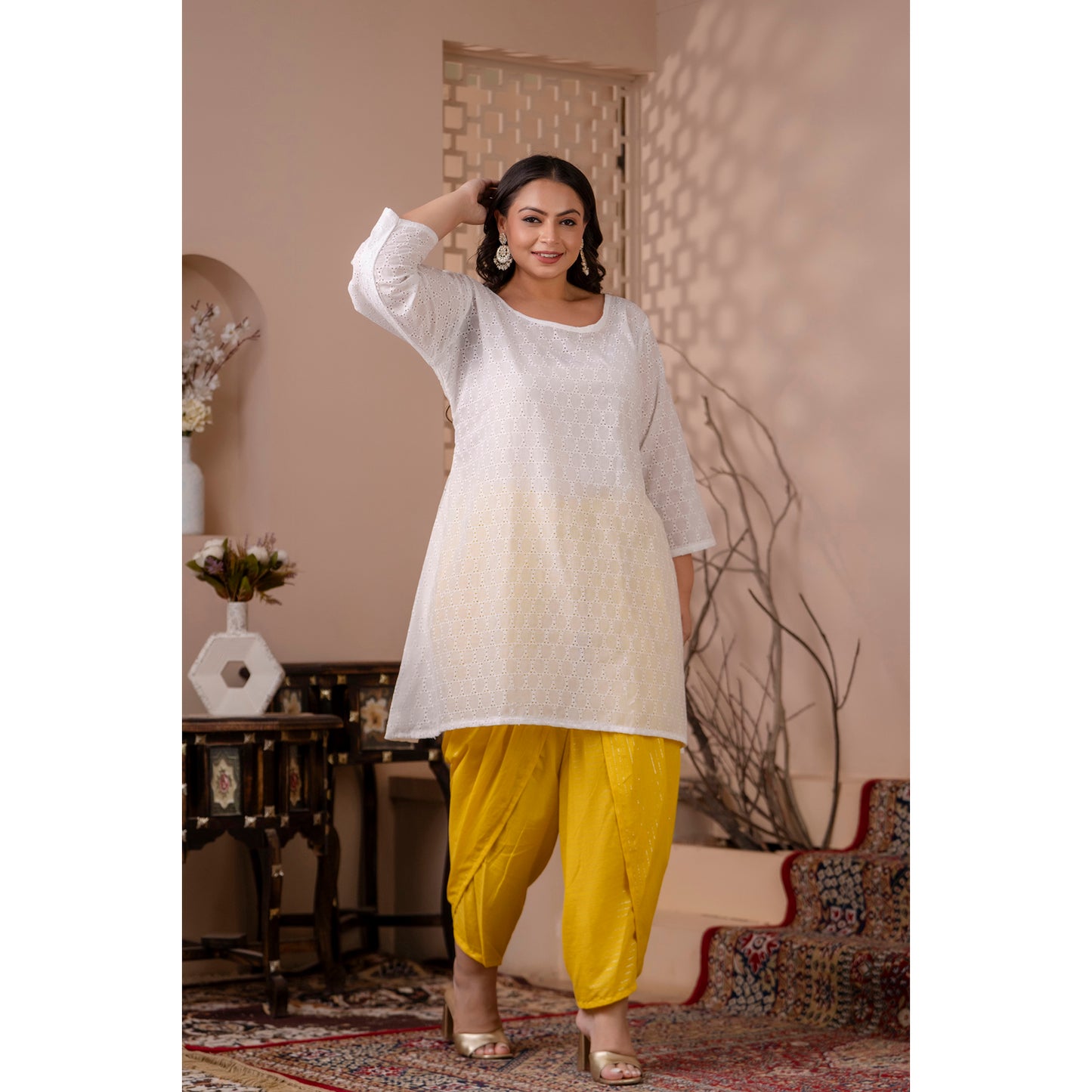 White Chikan Kurta Paired with Vibrant Yellow Lurex Dhoti