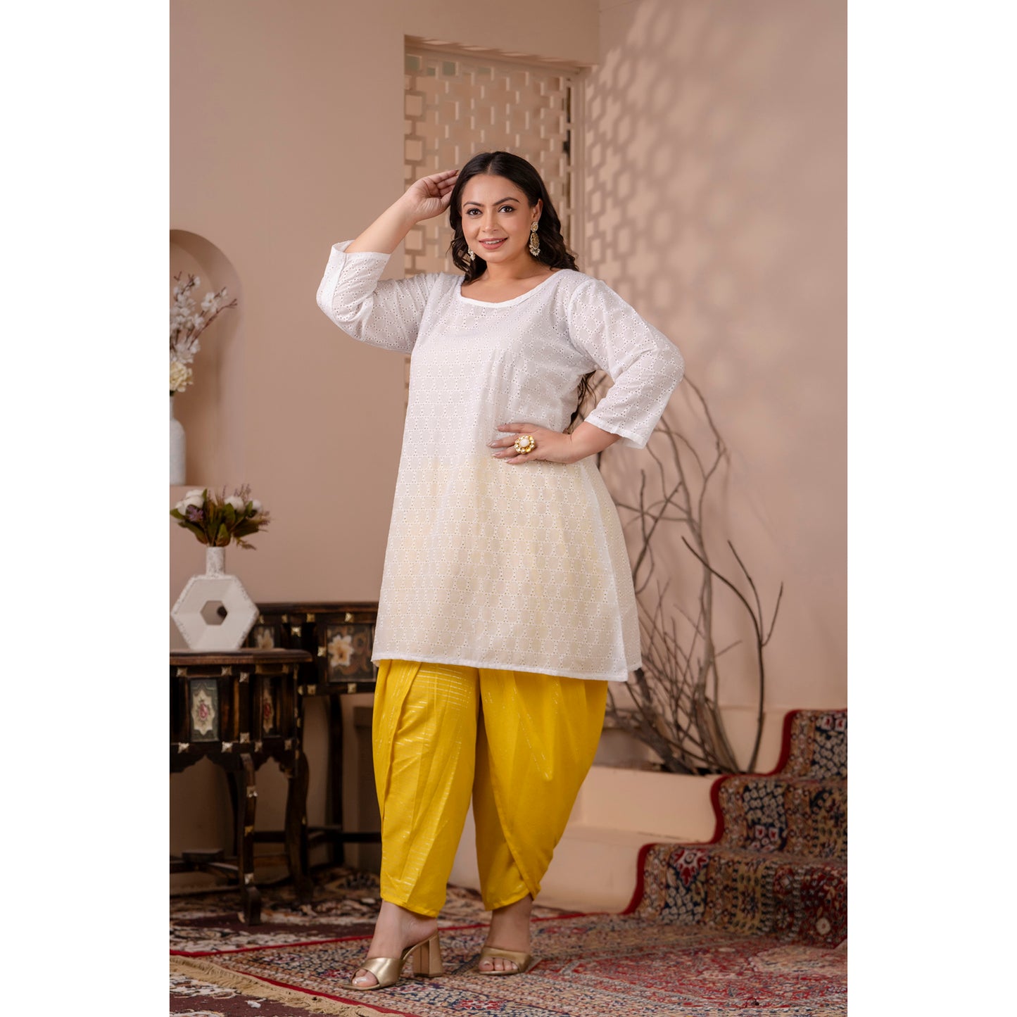 White Chikan Kurta Paired with Vibrant Yellow Lurex Dhoti