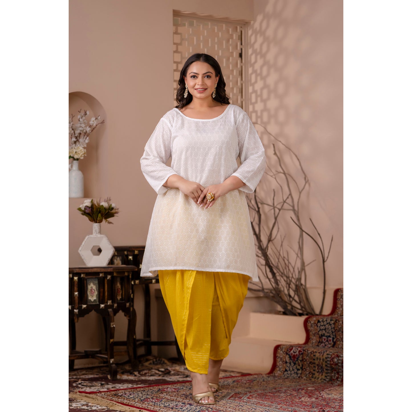 White Chikan Kurta Paired with Vibrant Yellow Lurex Dhoti