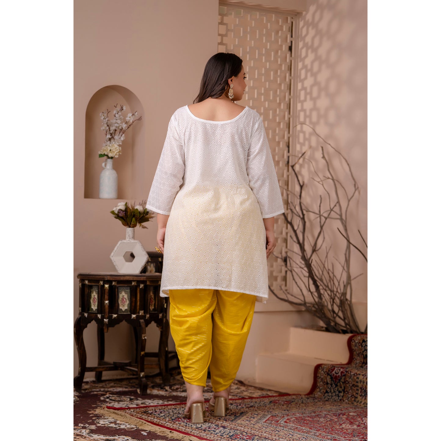 White Chikan Kurta Paired with Vibrant Yellow Lurex Dhoti