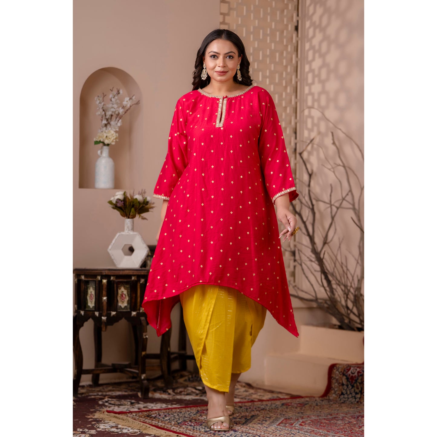 Asymetrical Pink Silk Kurta & Yellow Lurex Dhoti