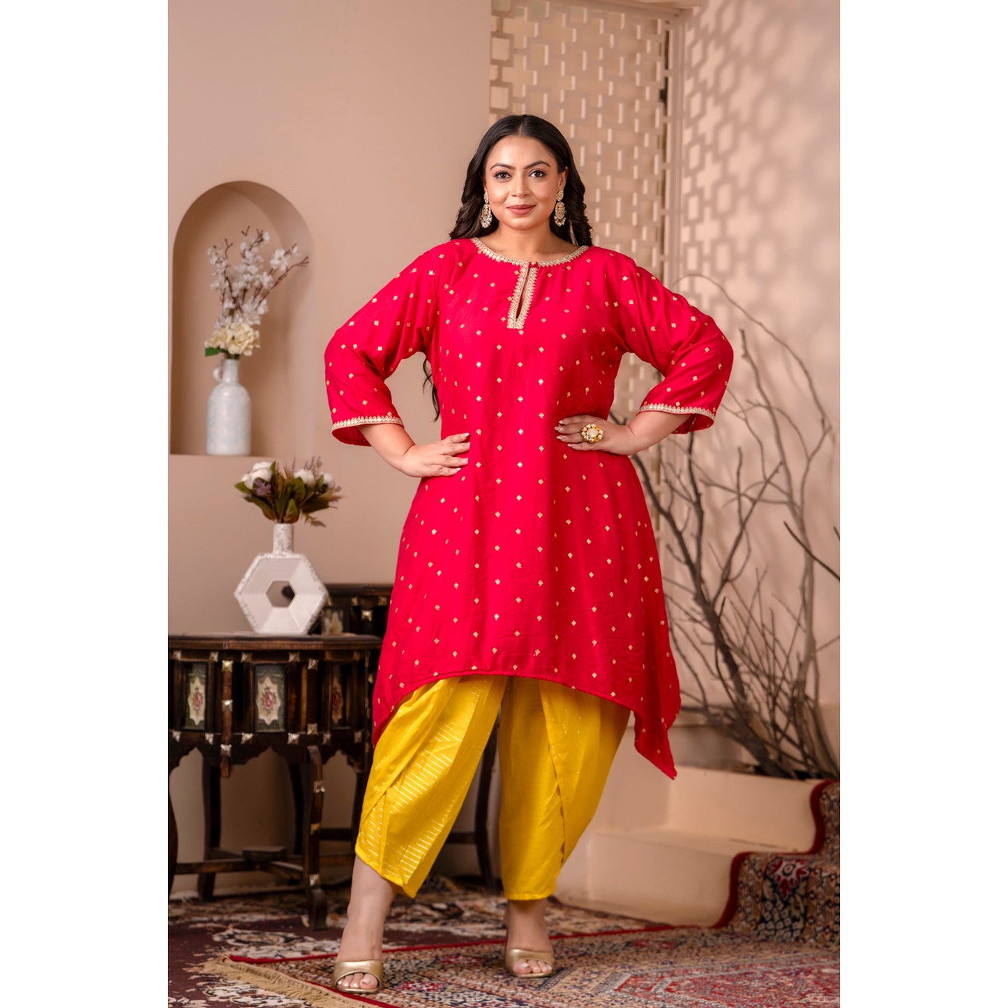 Asymetrical Pink Silk Kurta & Yellow Lurex Dhoti