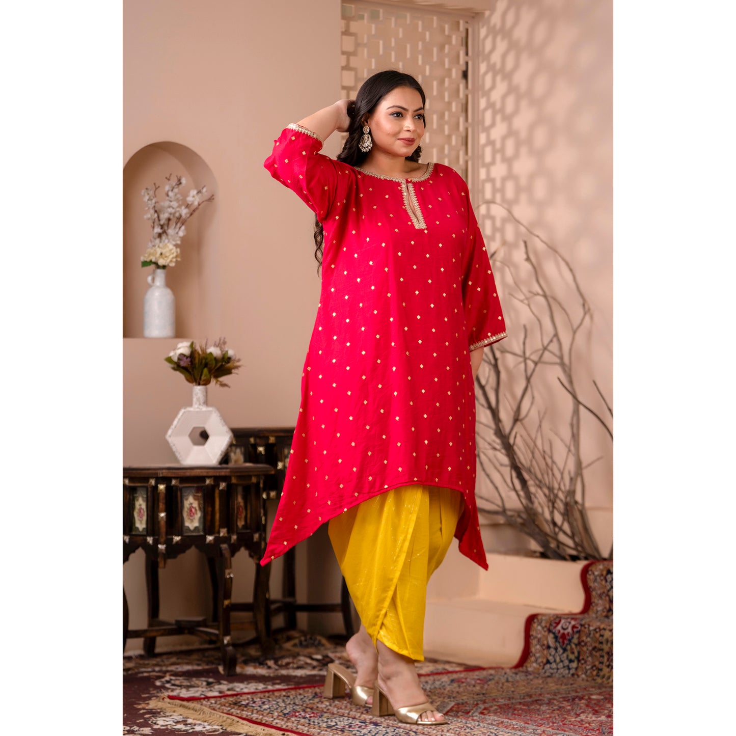 Asymetrical Pink Silk Kurta & Yellow Lurex Dhoti