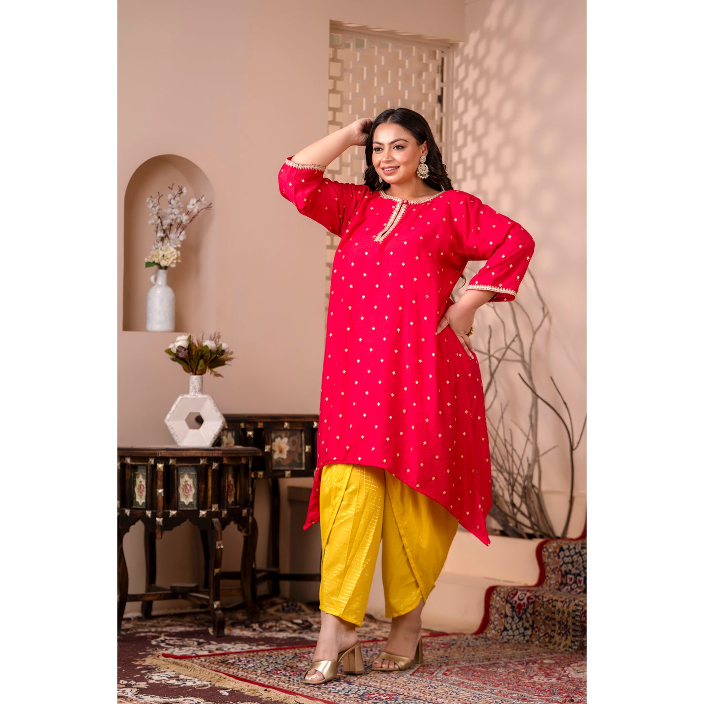 Asymetrical Pink Silk Kurta & Yellow Lurex Dhoti