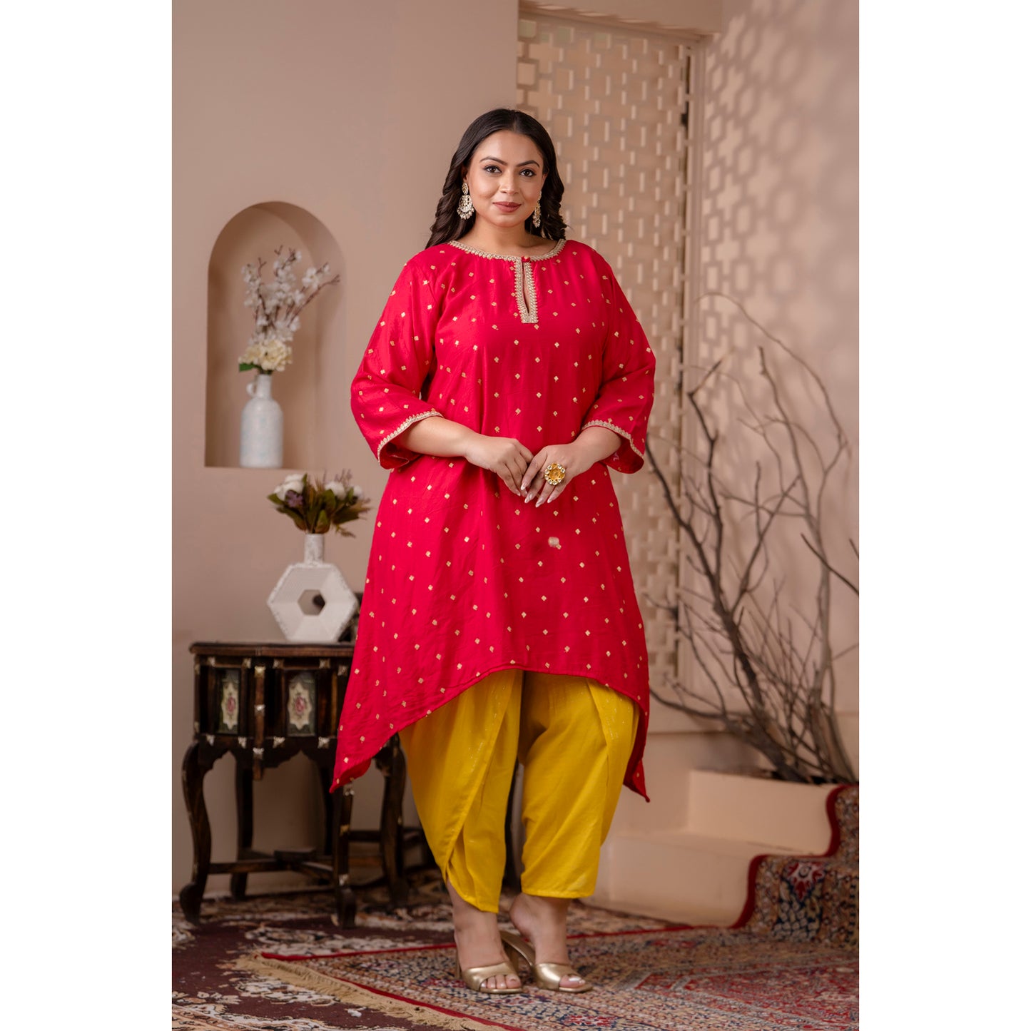 Asymetrical Pink Silk Kurta & Yellow Lurex Dhoti