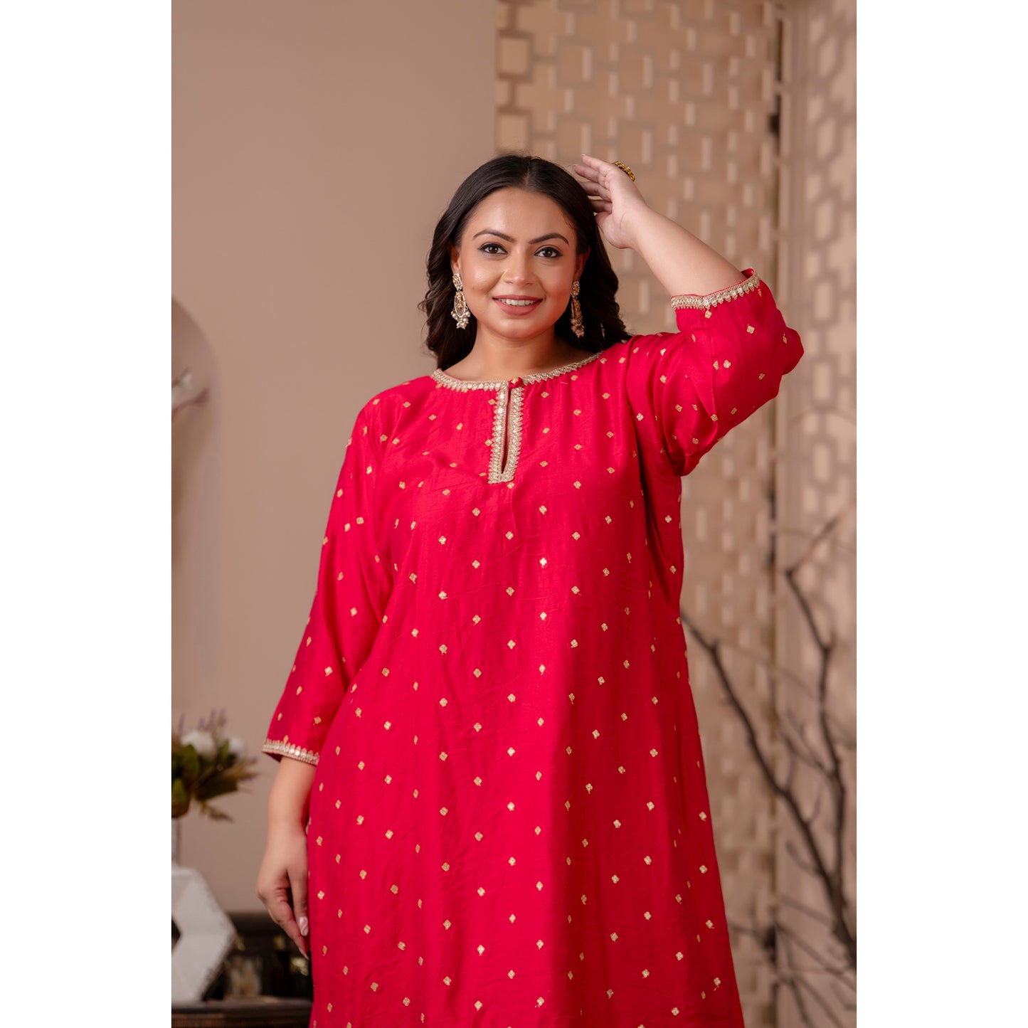 Asymetrical Pink Silk Kurta & Yellow Lurex Dhoti